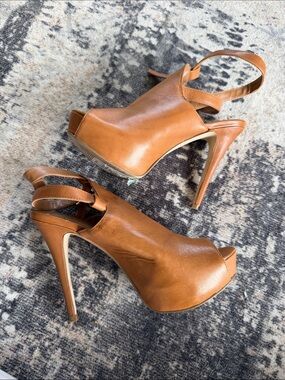 BCBGeneration Tan Leather Peep-Toe Slingback Heels